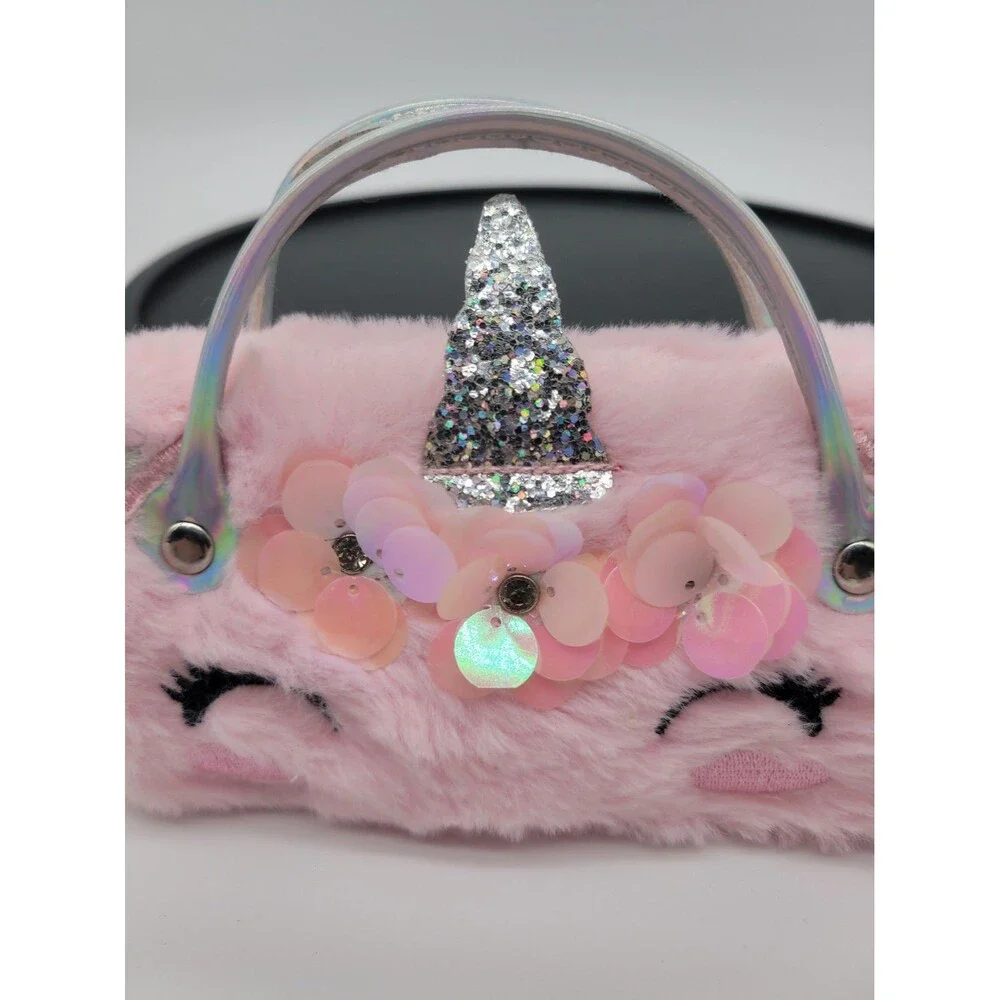 Eyeglass/Sunglass Case, Faux Pink Fur Unicorn w/Silver Horn & Carry Handles